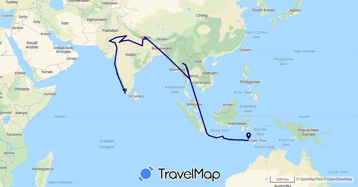 TravelMap itinerary: driving in Indonesia, India, Nepal, Thailand (Asia)
